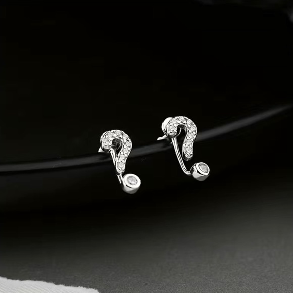 Brand New Silver Tone Question Mark Zircon Stud Earrings - Picture 2 of 4